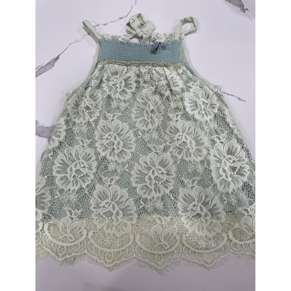Blank London Lace Tank Top Green Floral Sleeveless Smocked Tie Strap XS